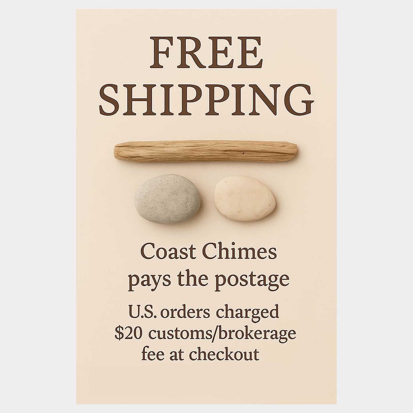 Promotional sign for free shipping with stones and a stick on a beige background