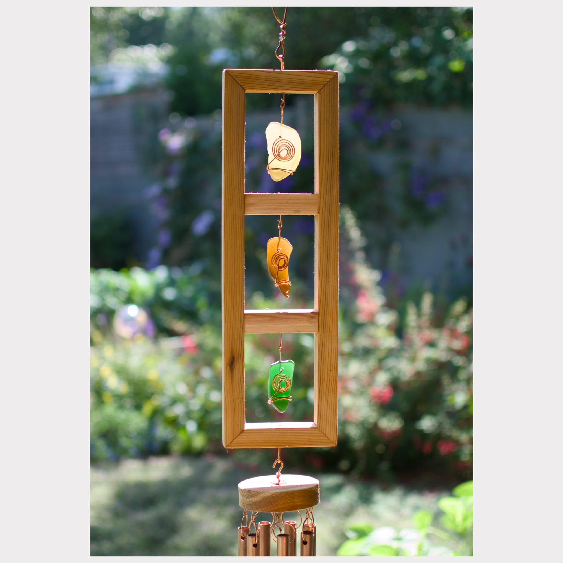 detail, cedar and sea glass wind chime