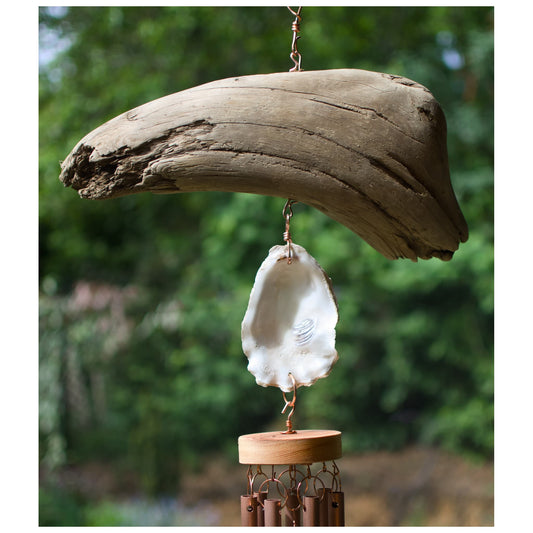 Detail, driftwood and oyster shell wind chime.
