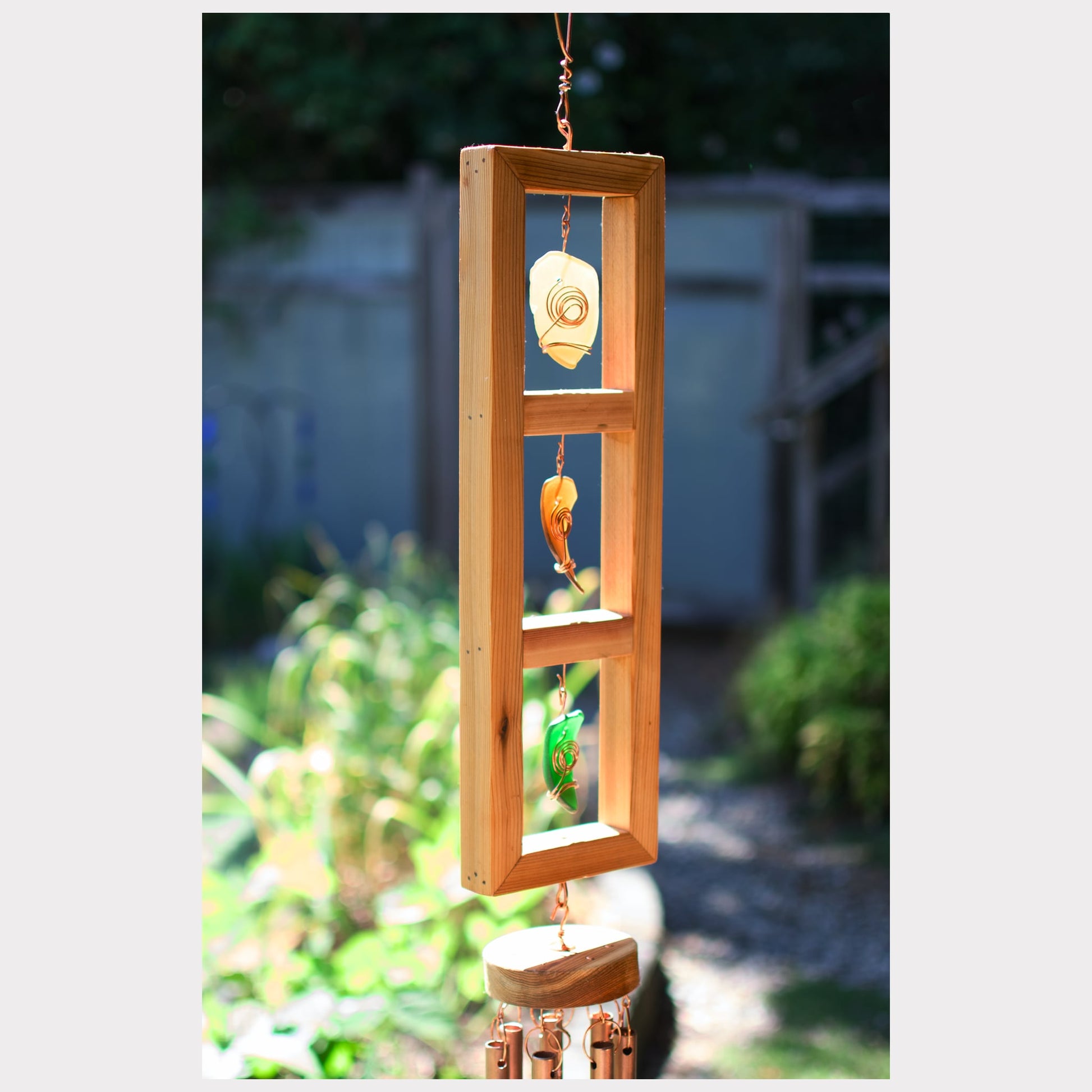 side view, cedar and sea glass wind chime