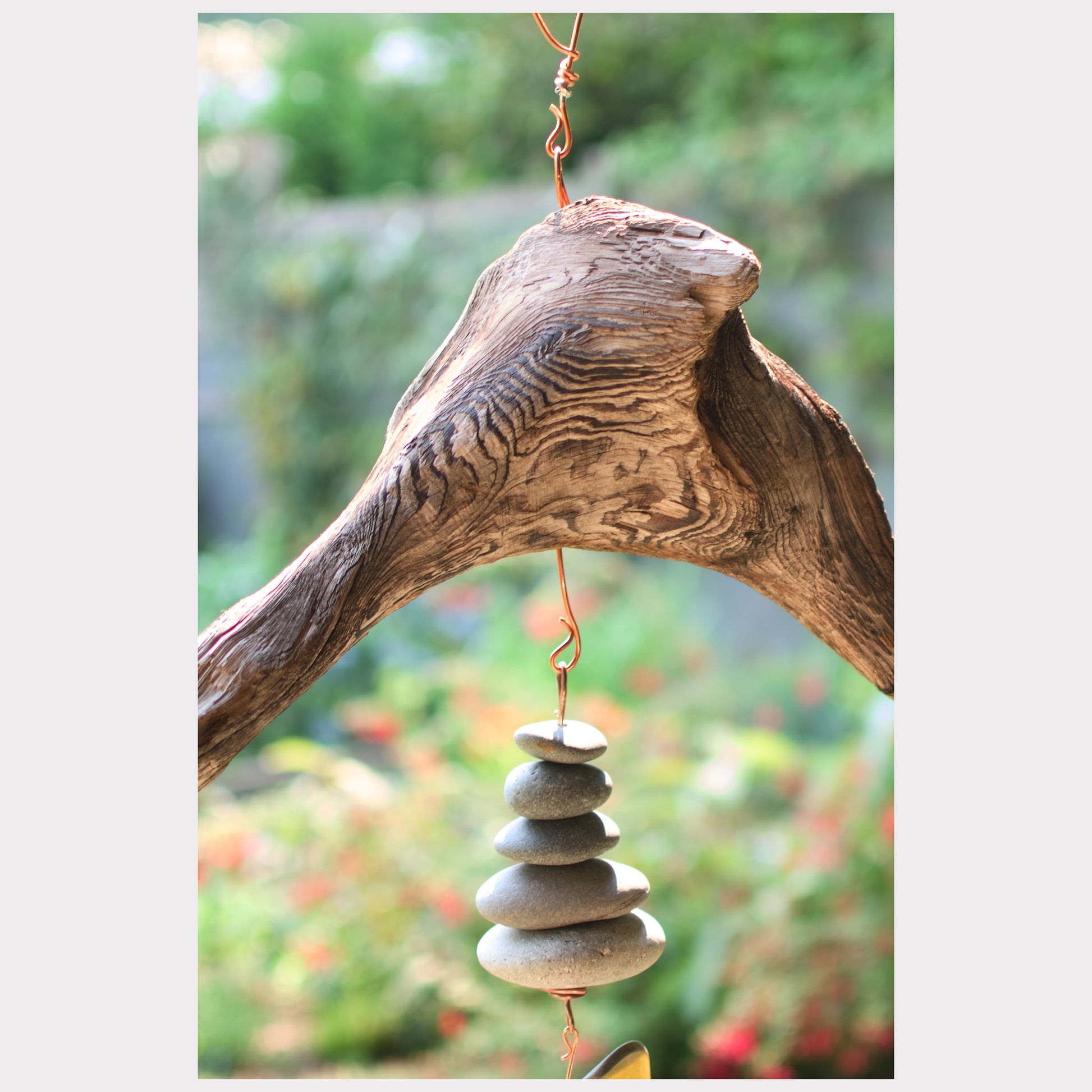 zoom detail, driftwood, beach stone, sea glass wind chime