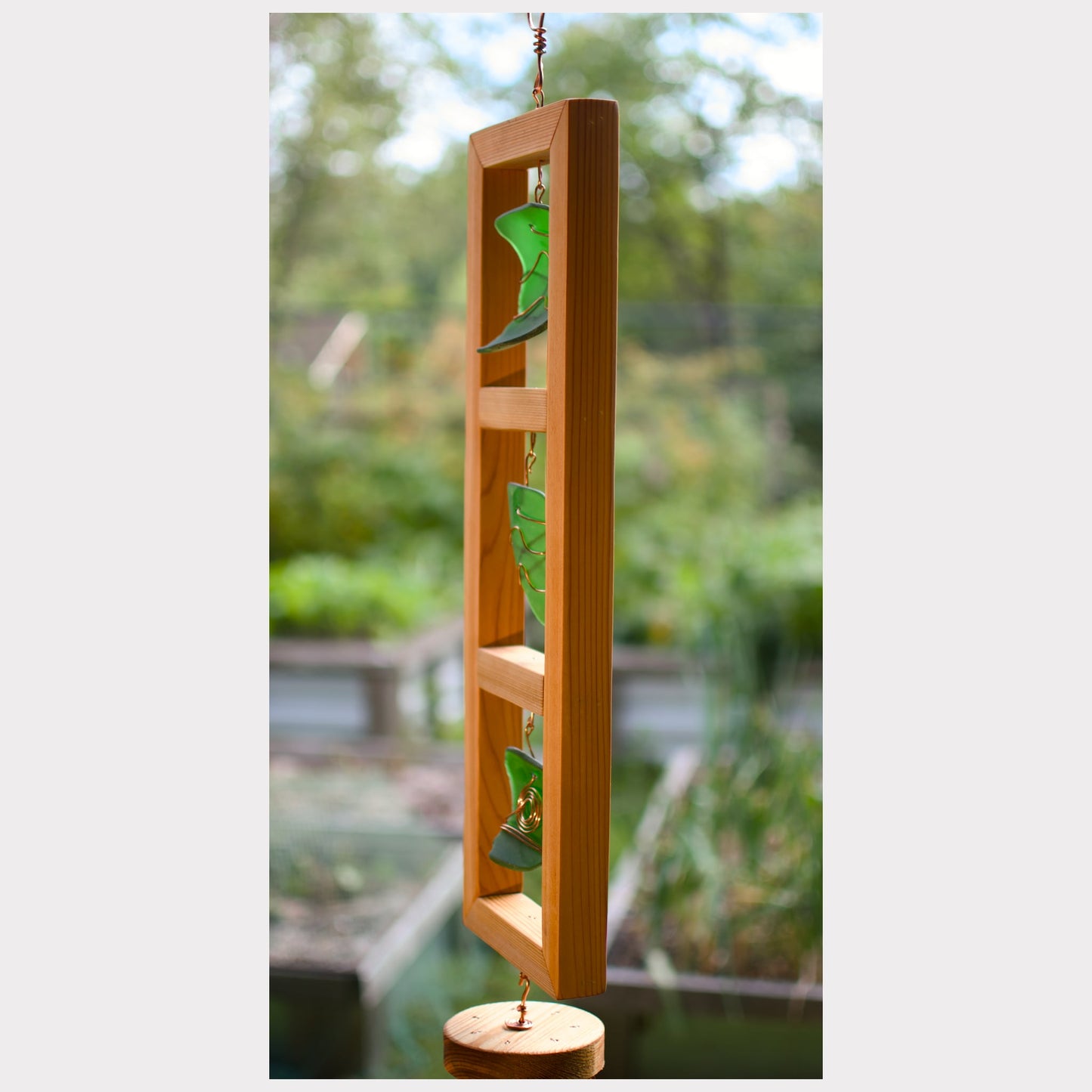 Sideview, cedar and beach glass wind chime.