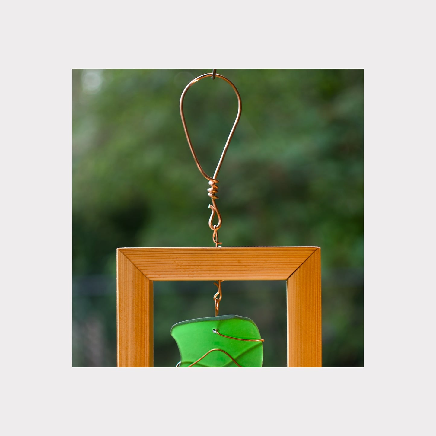 Wind Chime - Cedar Wood, Sea Glass, Copper - Outdoor All Season - Relaxing Sound