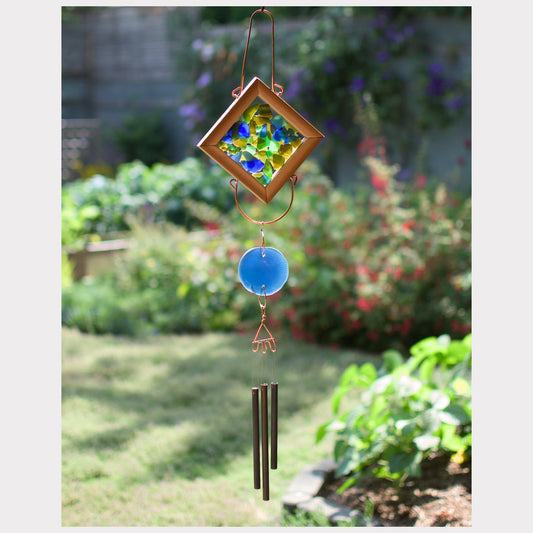 Sea glass kaleidoscope wind chime with three brass chimes.