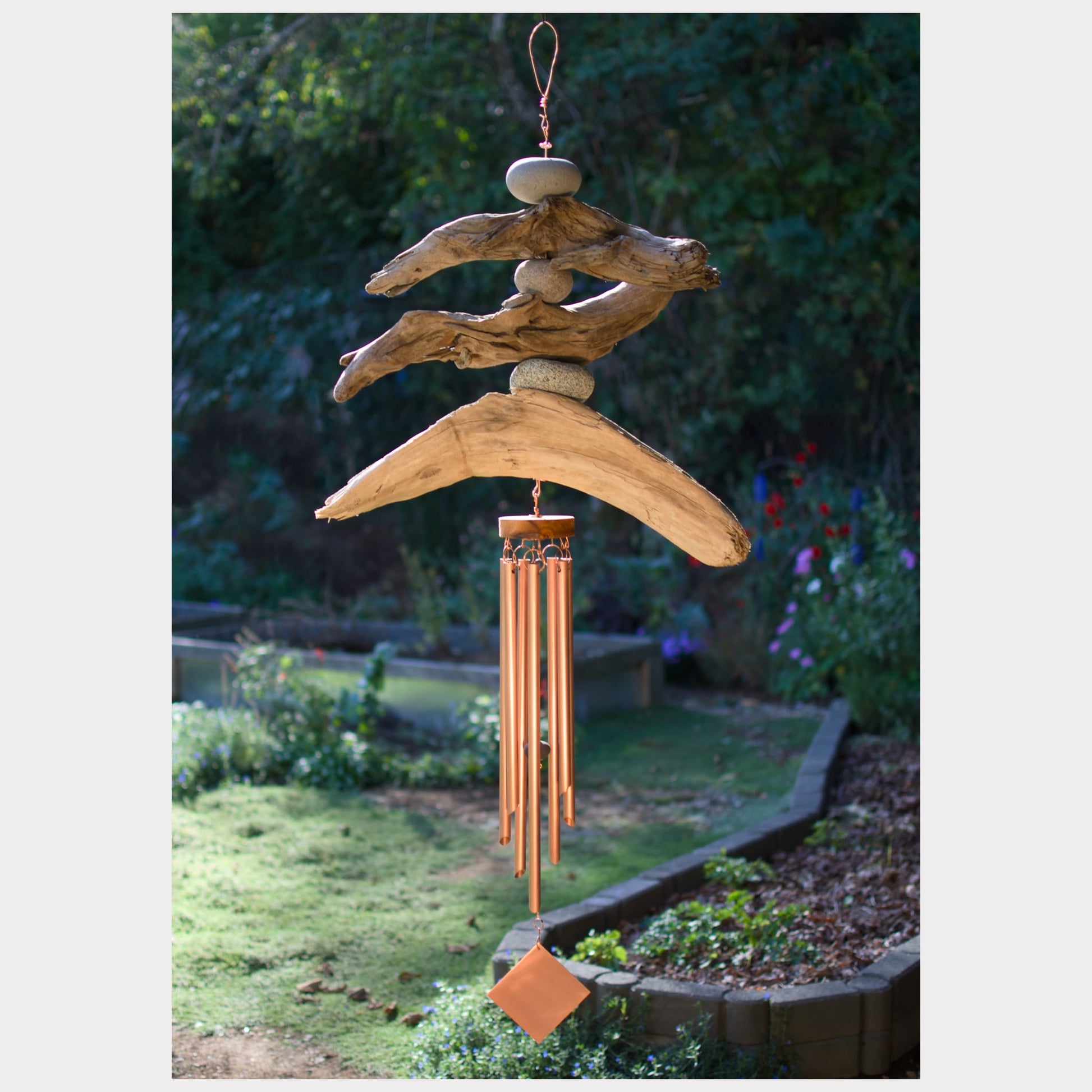 Driftwood and beach stone large wind chime with seven genuine copper chimes.