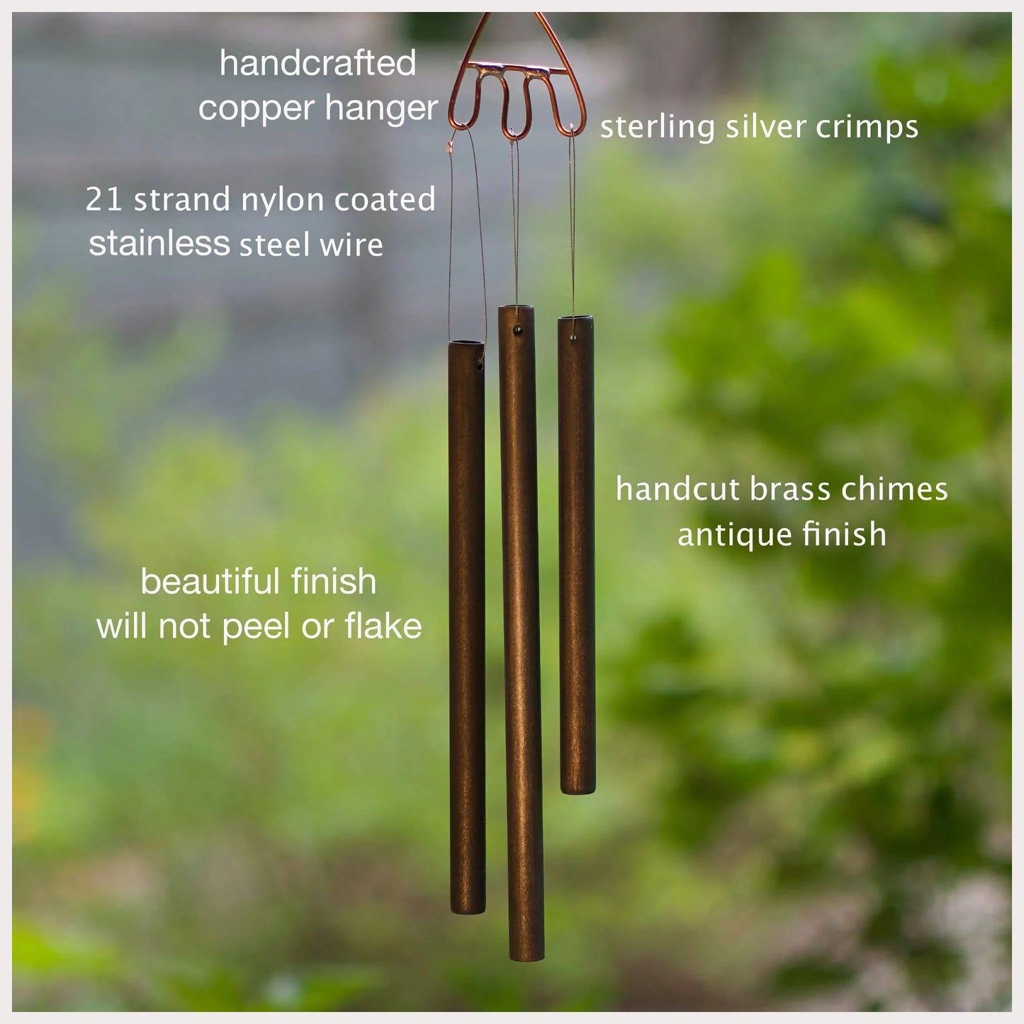 Parts labeled of handmade brass chimes.