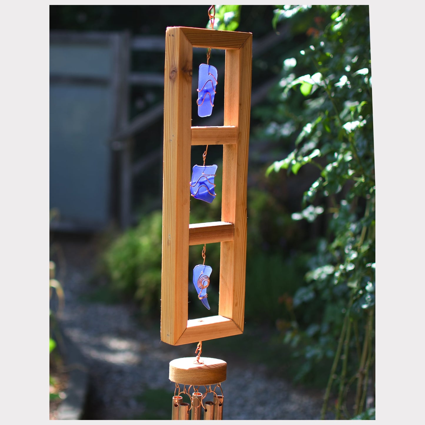 side view, cedar and sea glass wind chime