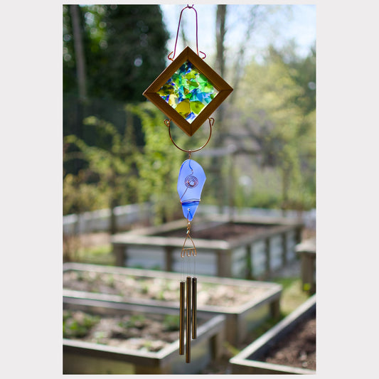 Artist-made beach glass kaleidoscope wind chime with three brass chimes.