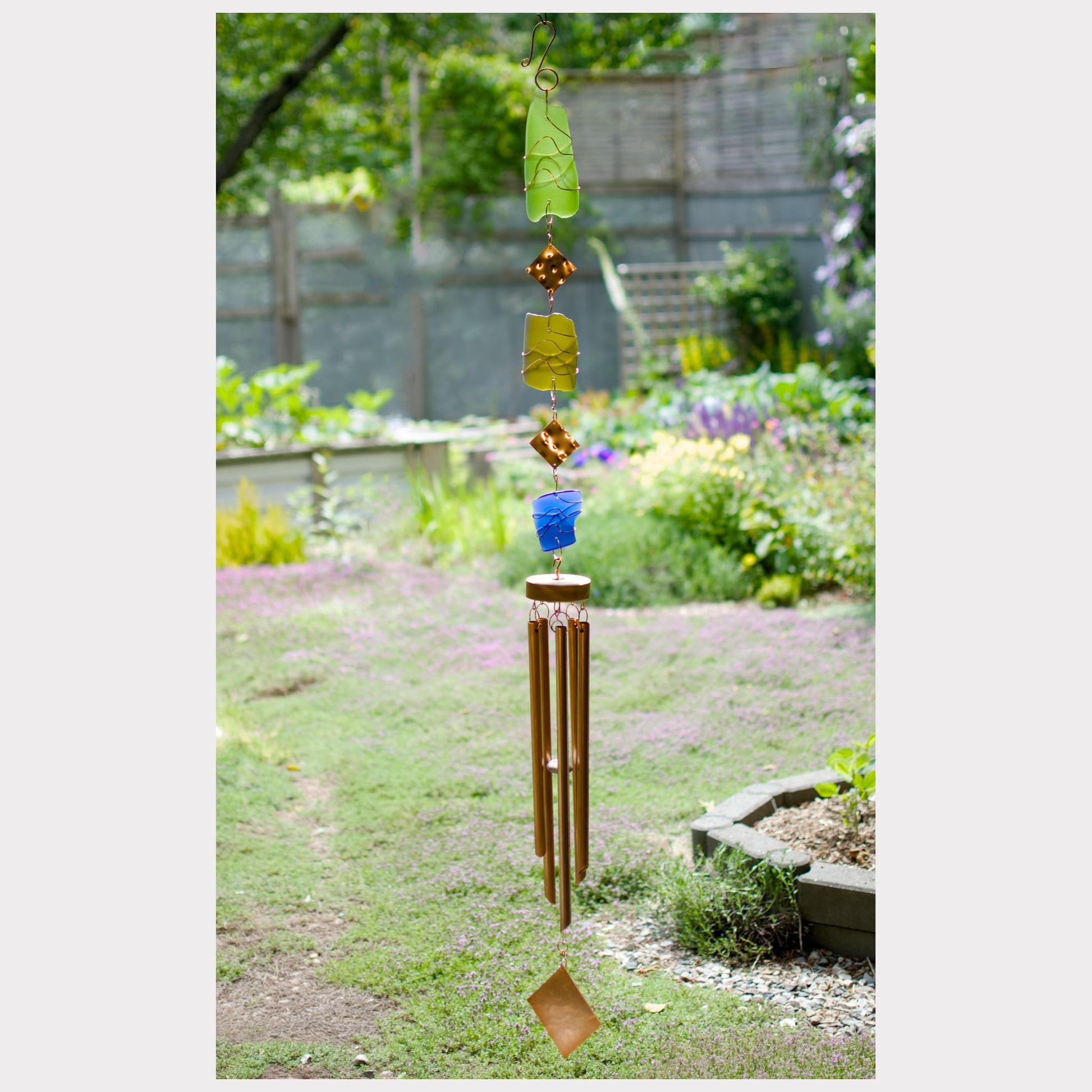 Sea glass wind chime with five copper chimes