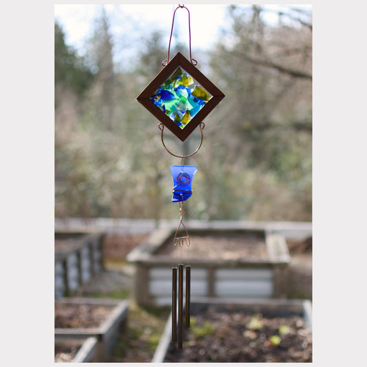 Kaleidoscope wind chime with artist-made beach glass and three handmade brass chimes.
