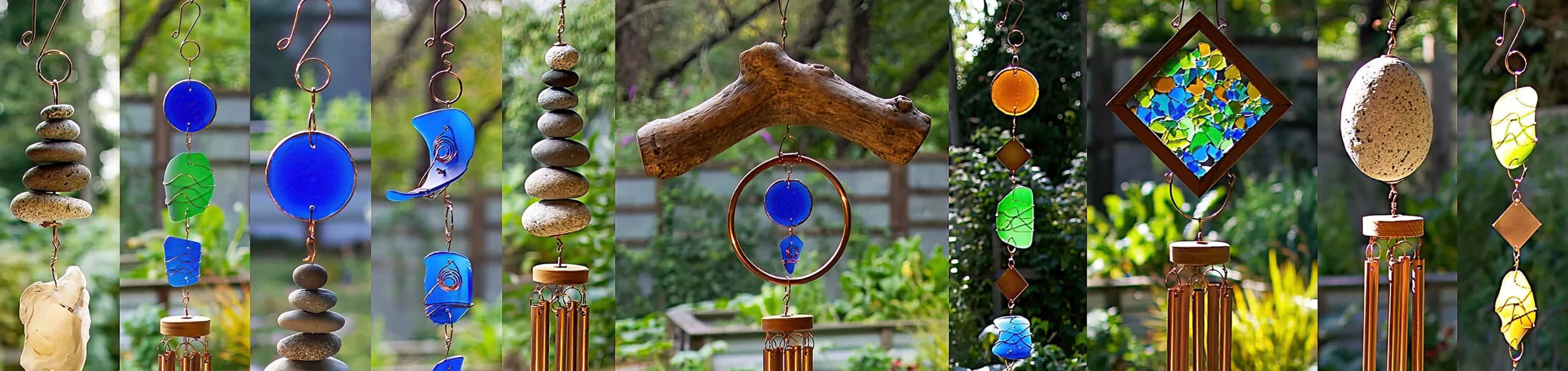 Collection of various wind chimes in different designs and colous, by Coast Chimes.