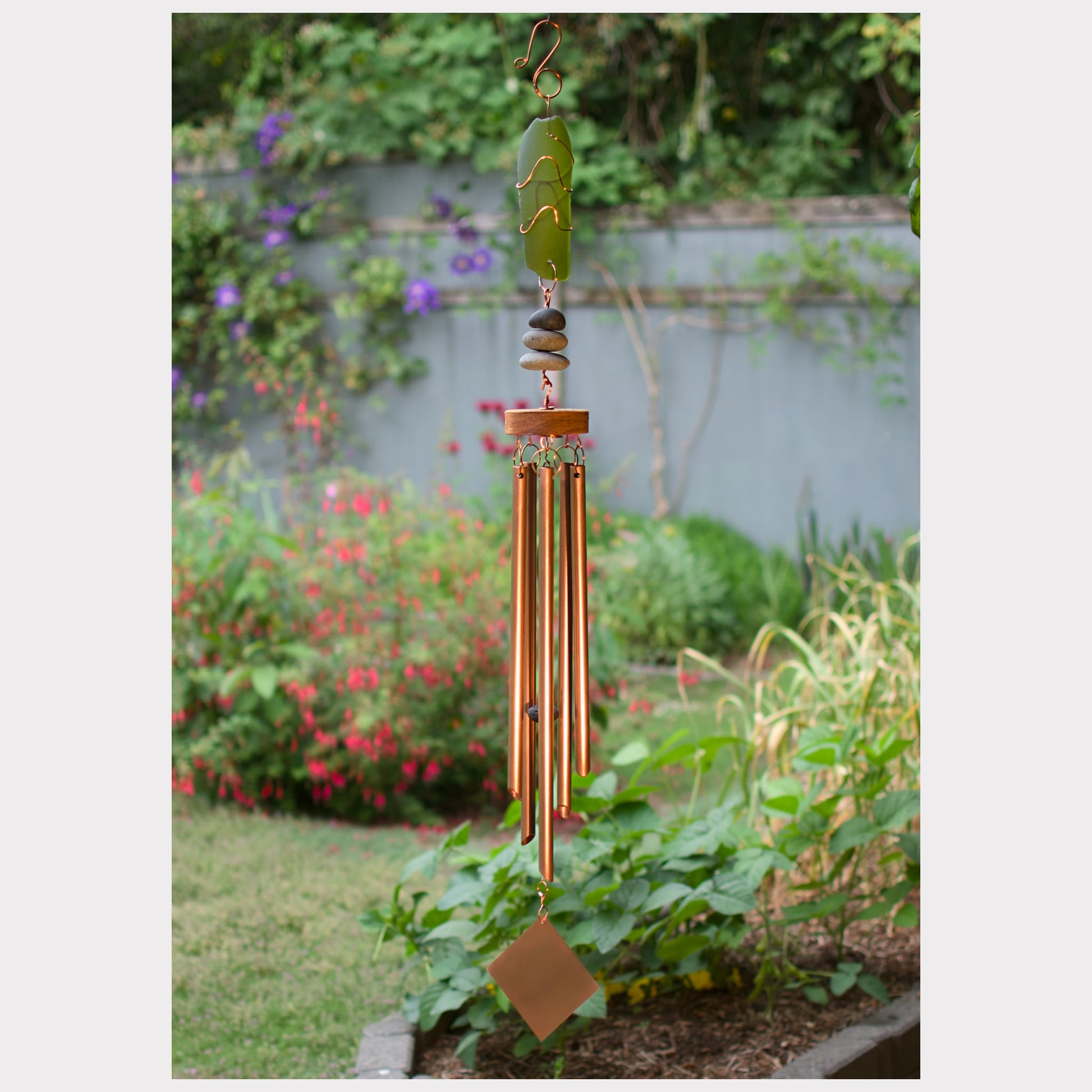 Glass, beach stone, copper wind chime.