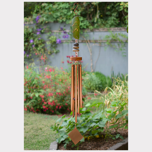 Glass, beach stone, copper wind chime.