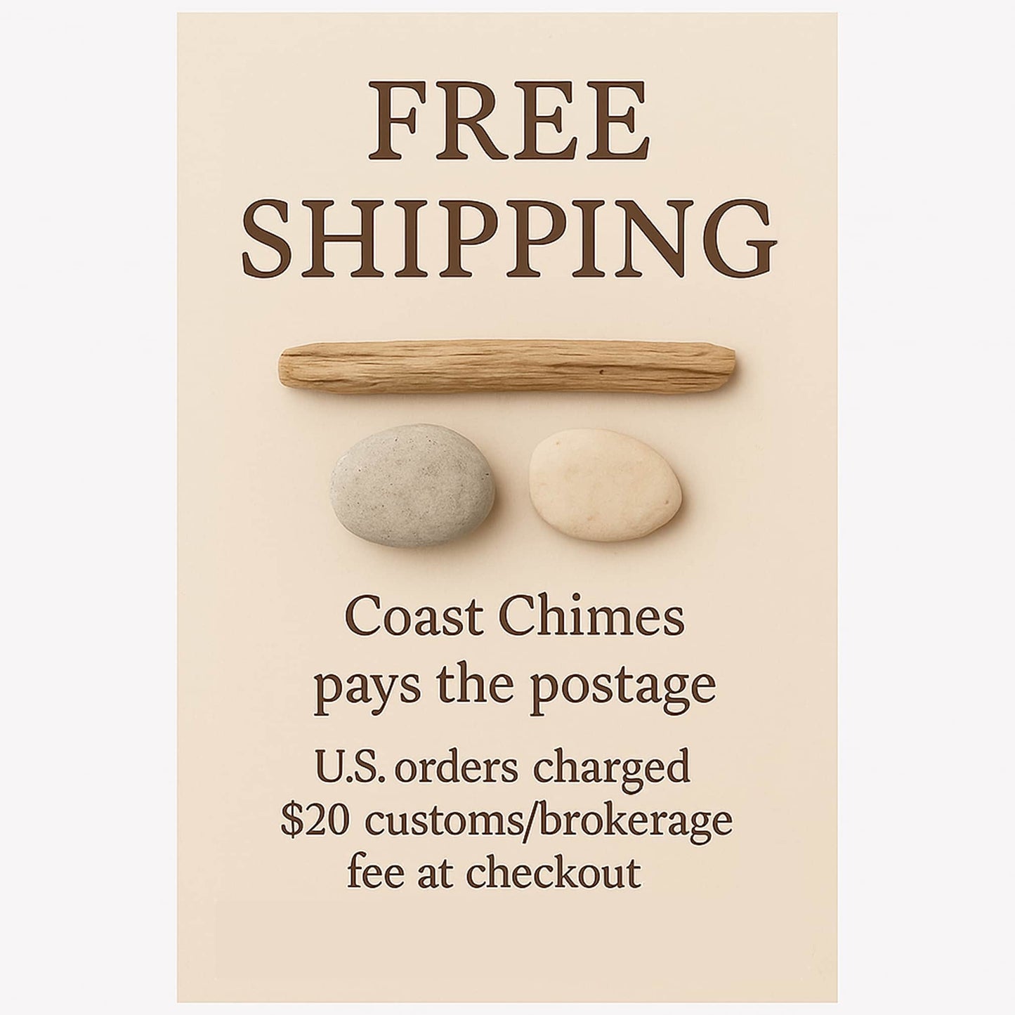 Promotional card with 'Free Shipping' text, two stones, and a stick on a beige background.