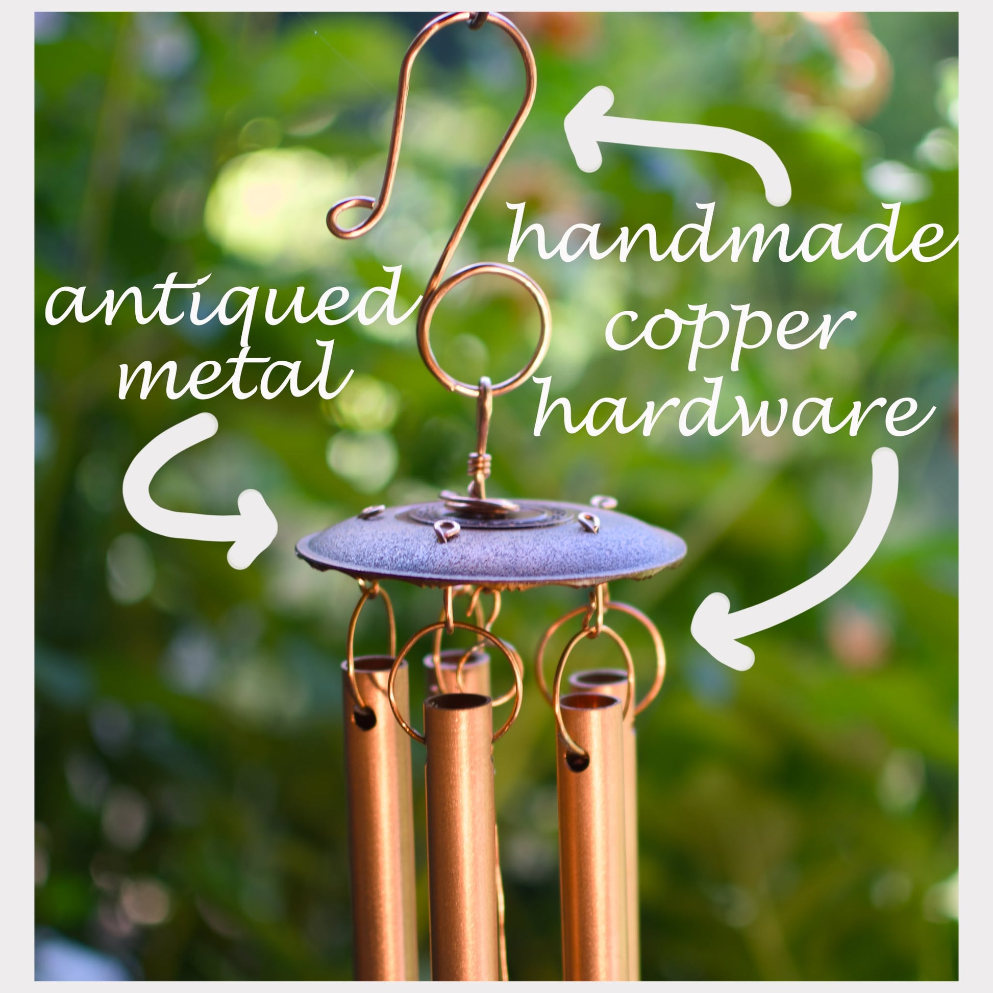 Handmade copper wind chime with text highlighting 'antiqued metal' and 'handmade copper hardware' against a green background.