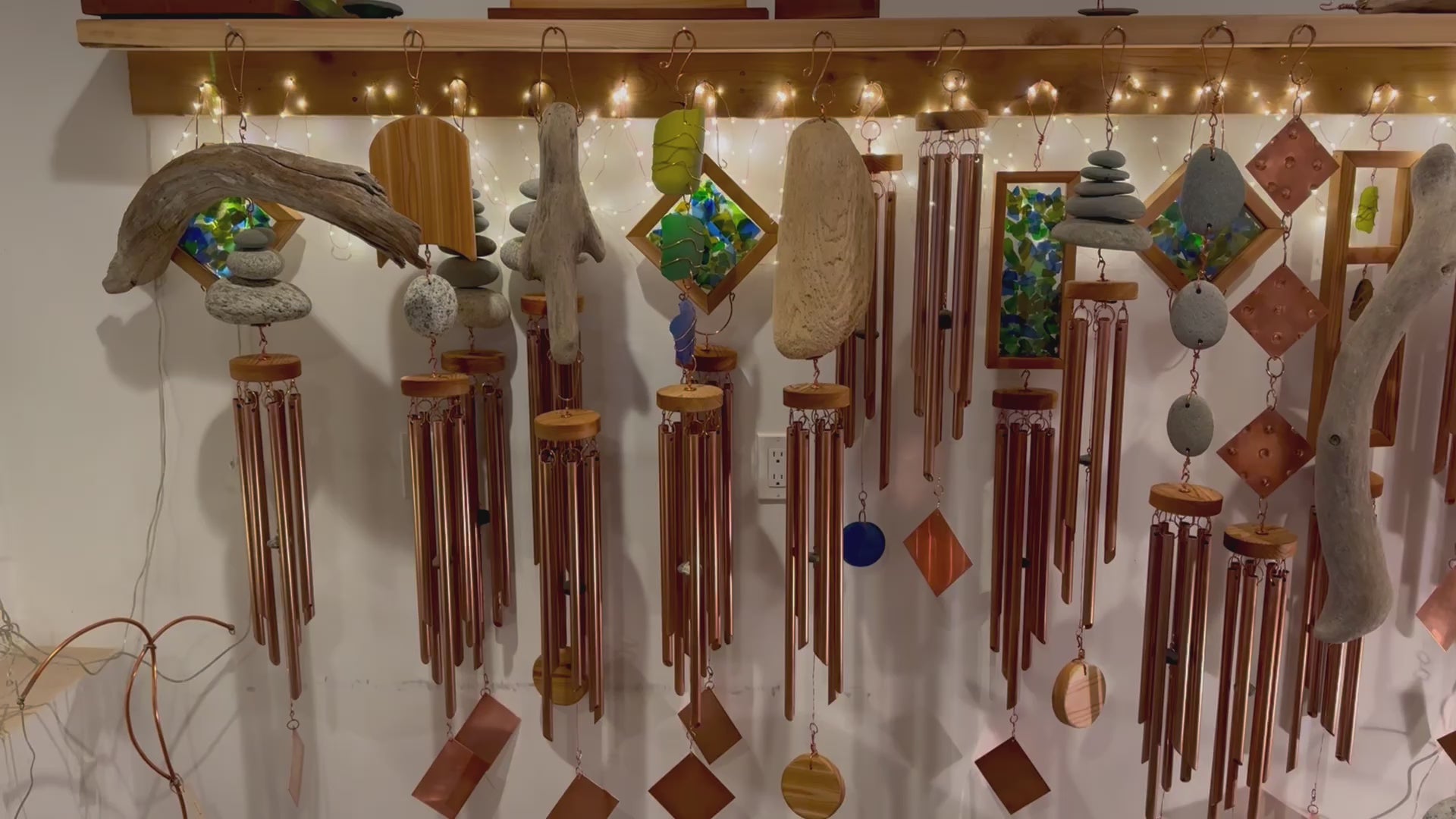 Video of Coast Chimes gallery, showing many different handmade wind chimes.