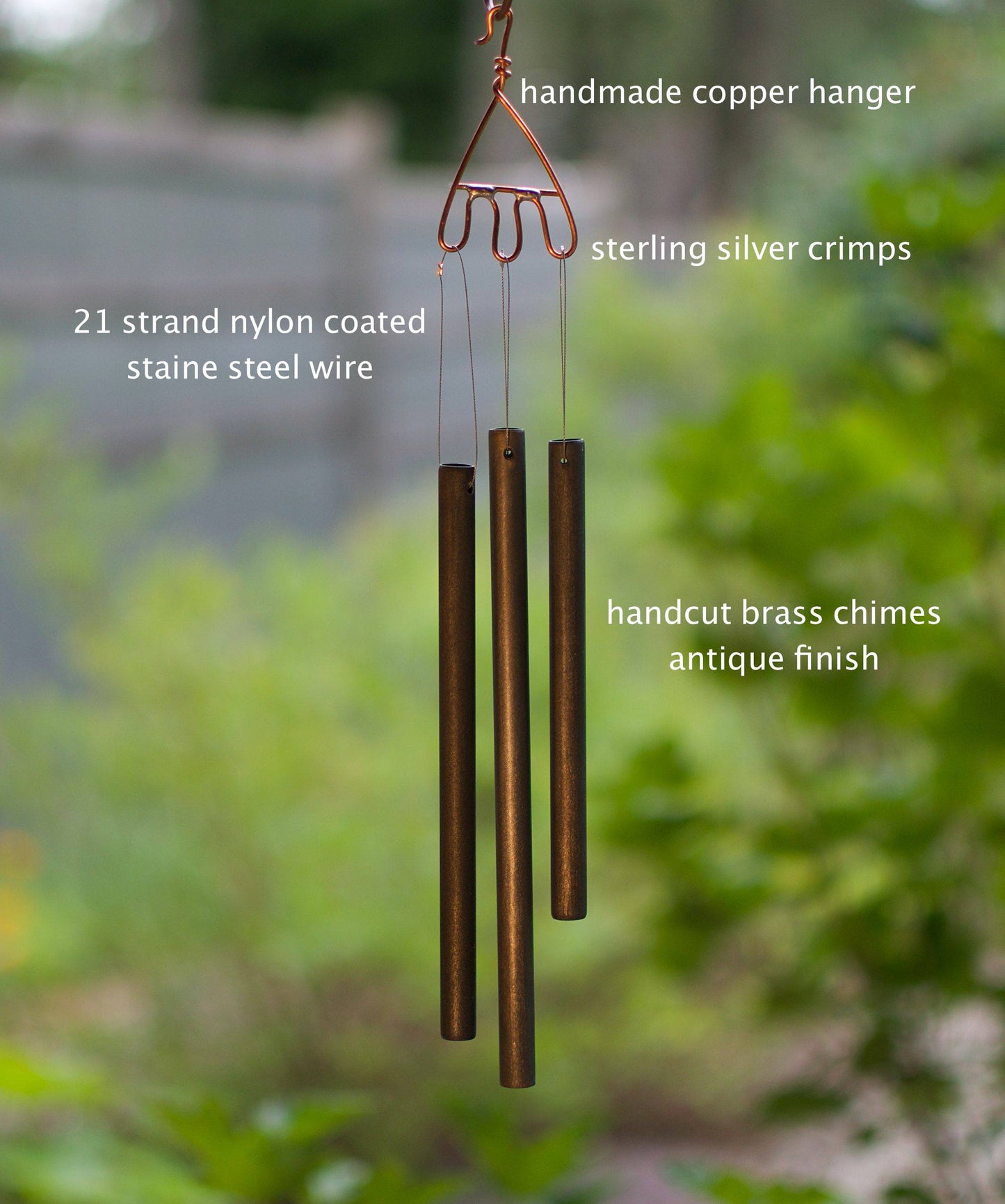 Parts labeled of handmade brass chimes, Coast Chimes.