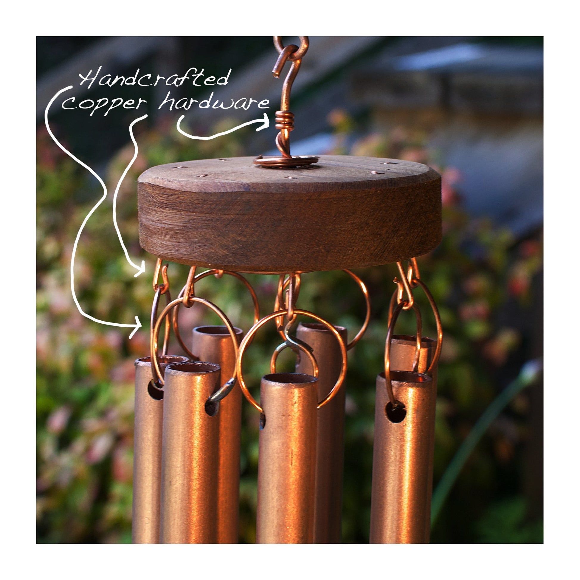 Handmade copper hardware for a large wind chime.