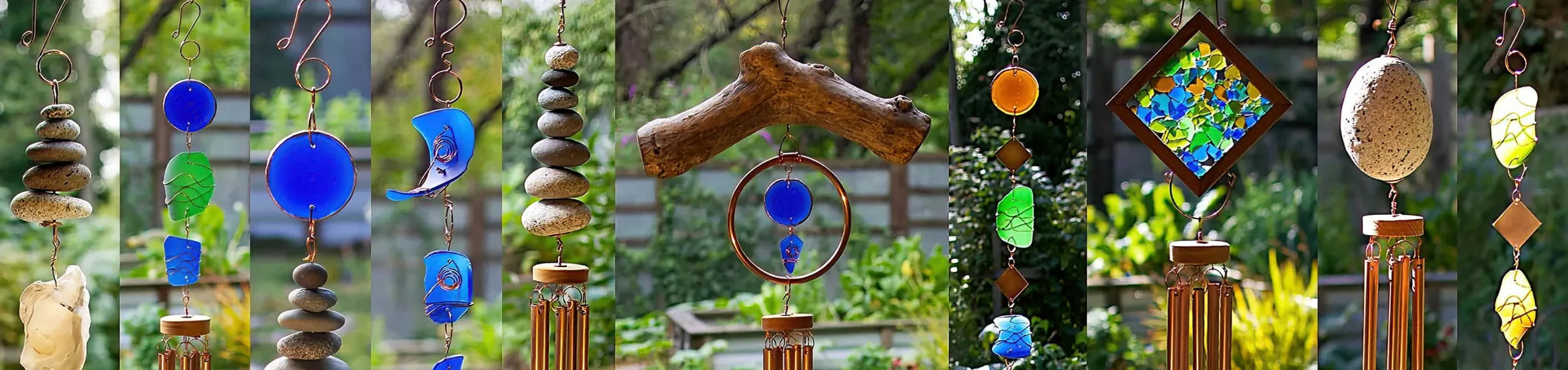 Collection of various wind chimes with a garden background