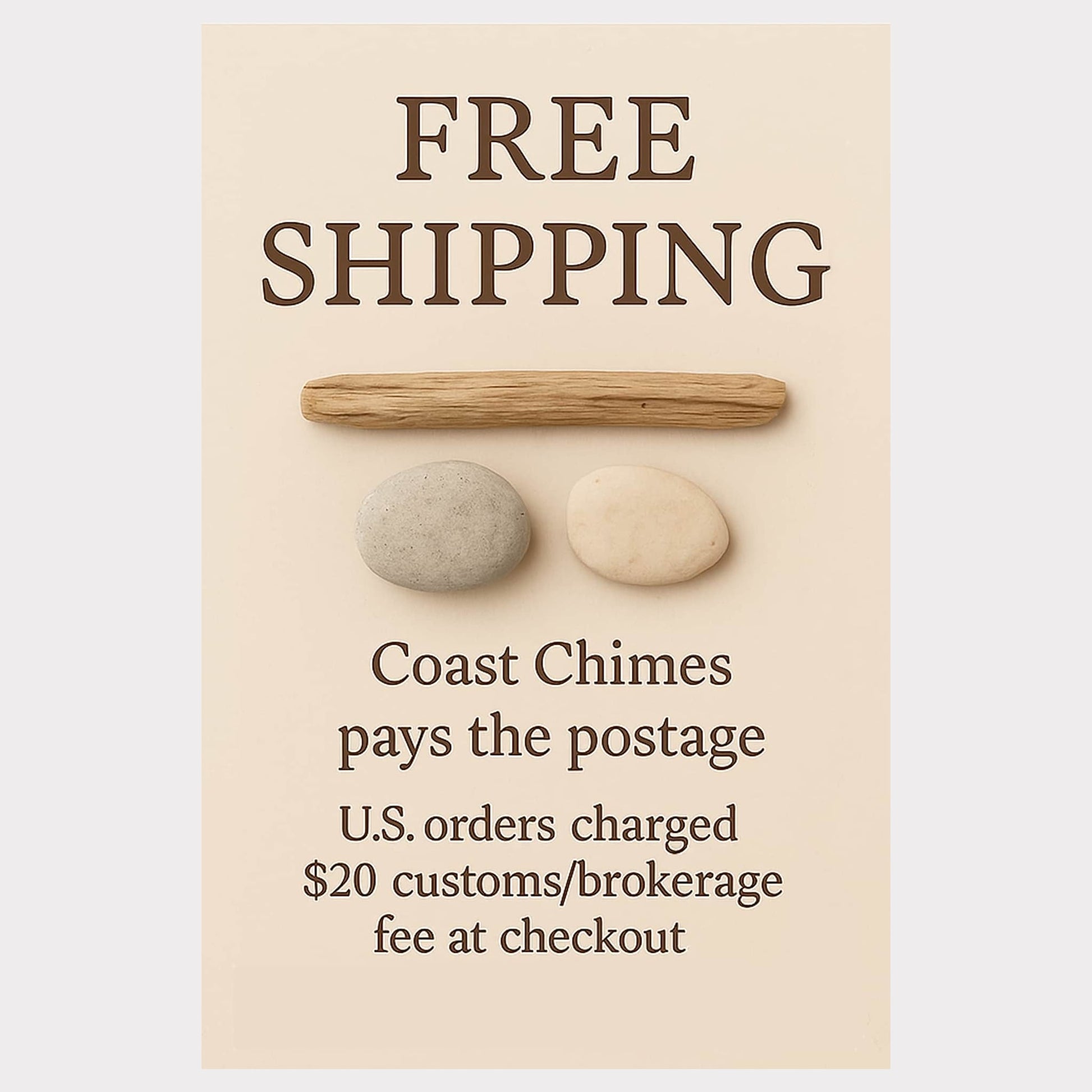 Promotional sign for free shipping with stones and a stick on a beige background