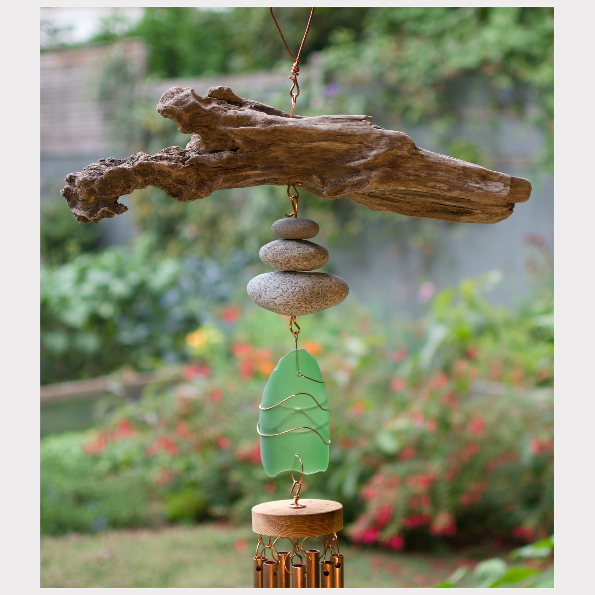 detail, large driftwood, beach stone, sea glass wind chime