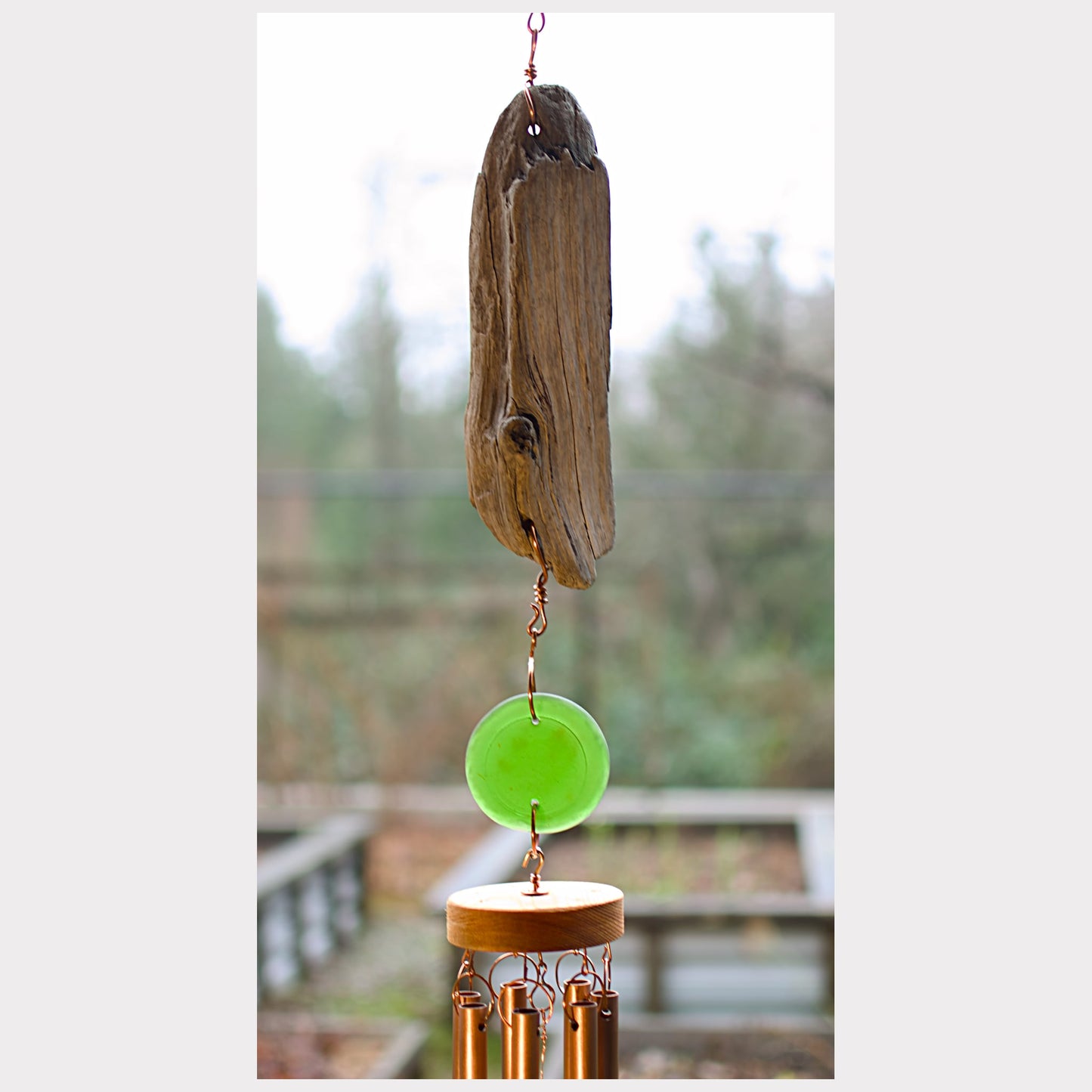 detail, driftwood and sea glass wind chime