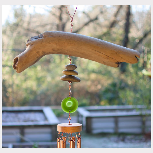 Coastal Wind Chime - Sea Glass and Beach Stone Decor - Unique Driftwood - Relaxing Sound