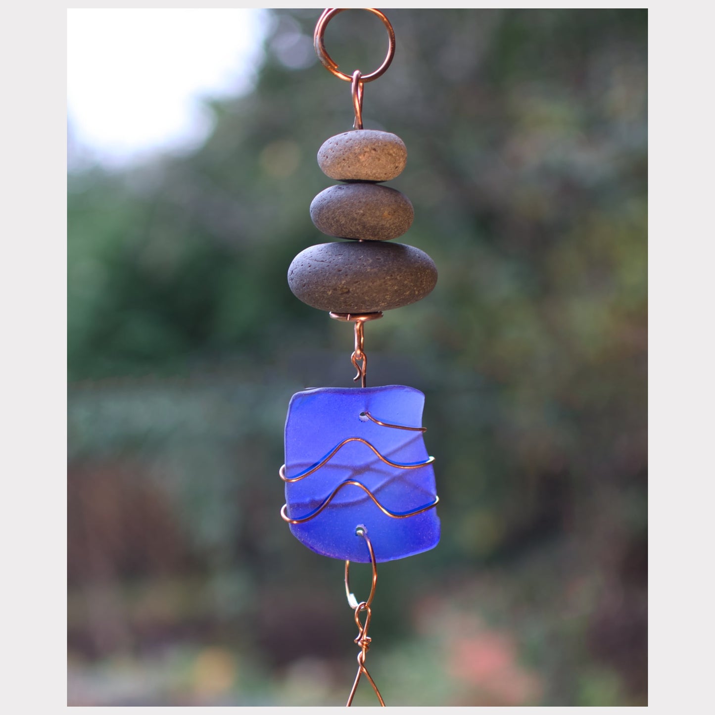 Wind Chime - Zen Beach Stone - Cobalt Blue Sea Glass - Gentle, Soothing Sound