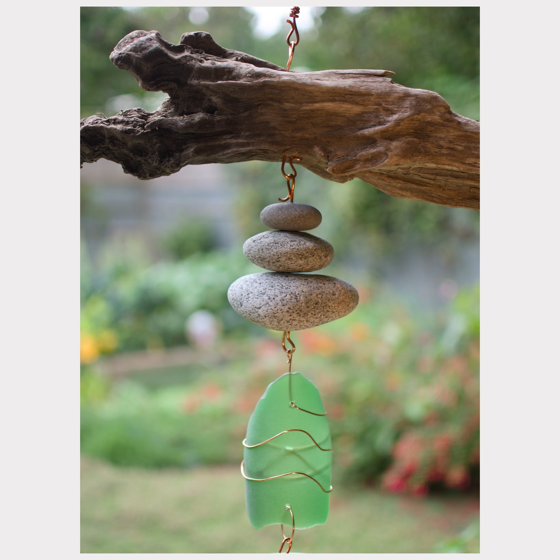 zoom detail, driftwood, beach stone, sea glass wind chime