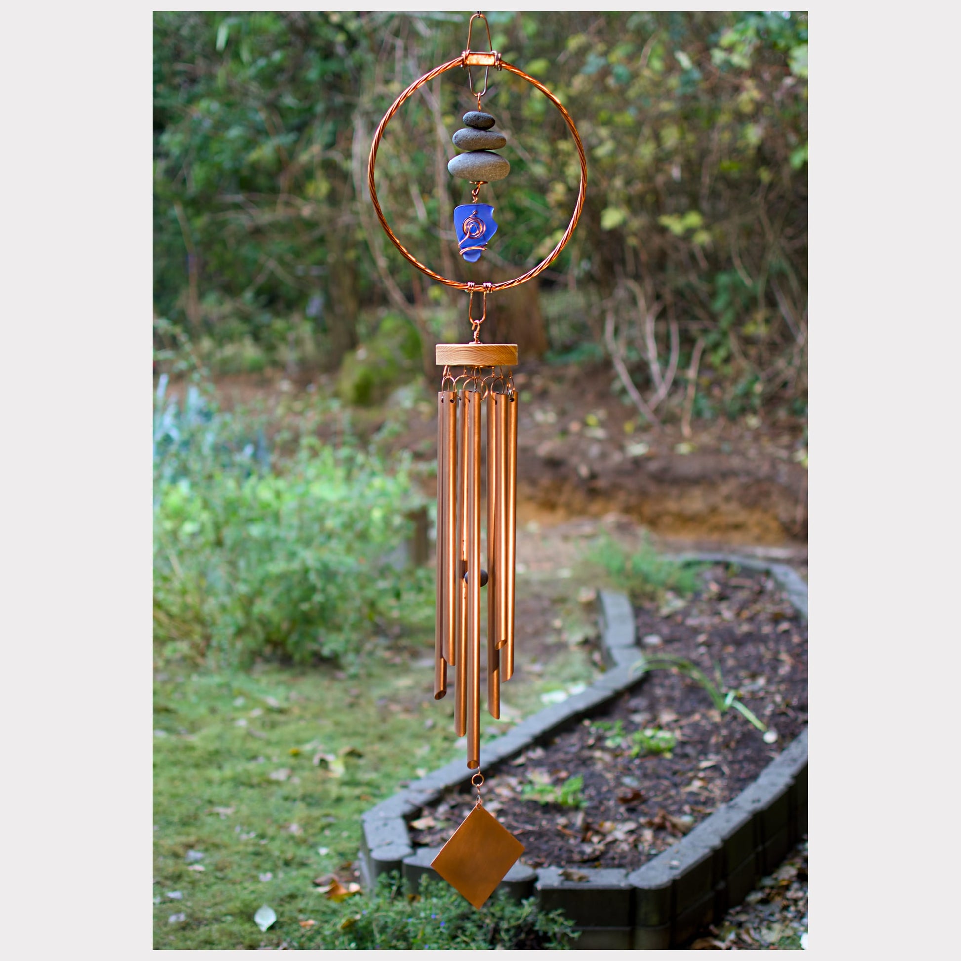 Large copper wind chime with beach stones and sea glass, 7 copper chimes.