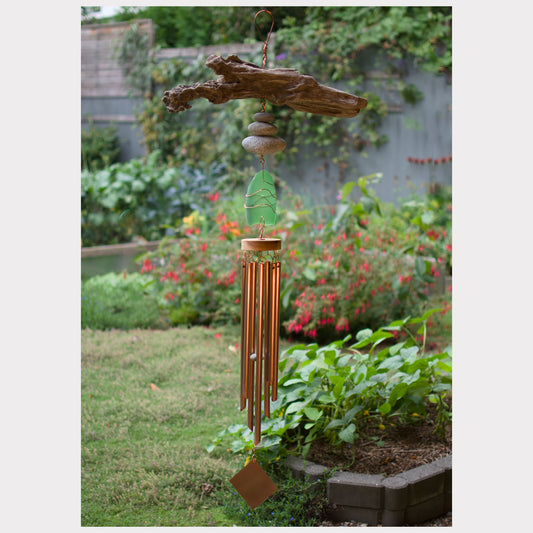 Large driftwood, beach stone, sea glass wind chime with 7 copper chimes.