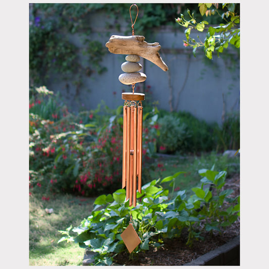 Large driftwood and beach stone wind chime with 7 copper chimes.