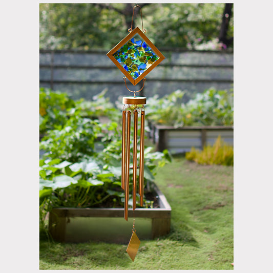 Sea glass kaleidoscope wind chime with seven copper chimes.