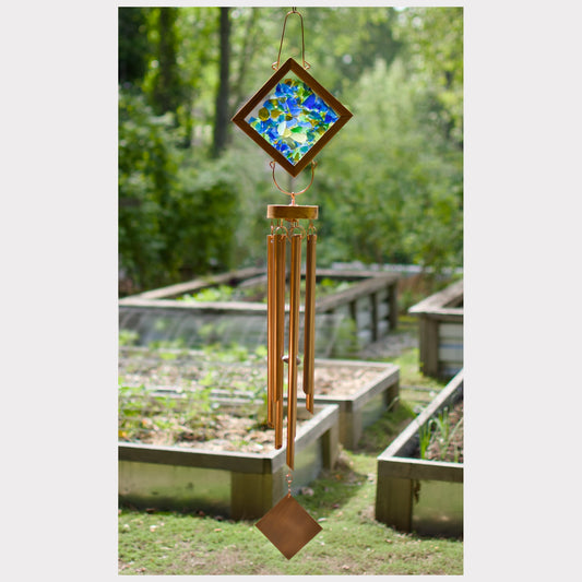 Kaleidoscope wind chime featuring artist-made beach glass and seven copper chimes.