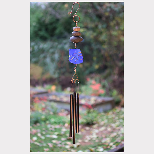Wind Chime - Zen Beach Stone - Cobalt Blue Sea Glass - Gentle, Soothing Sound