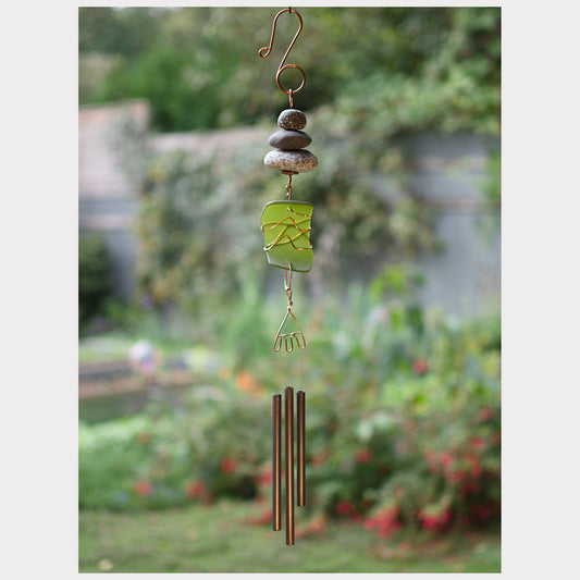 Zen beach stone wind chime with three beach stones and green sea glass, three handcrafted brass chimes.