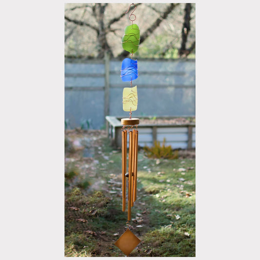 Large sea glass wind chime with five copper chimes.