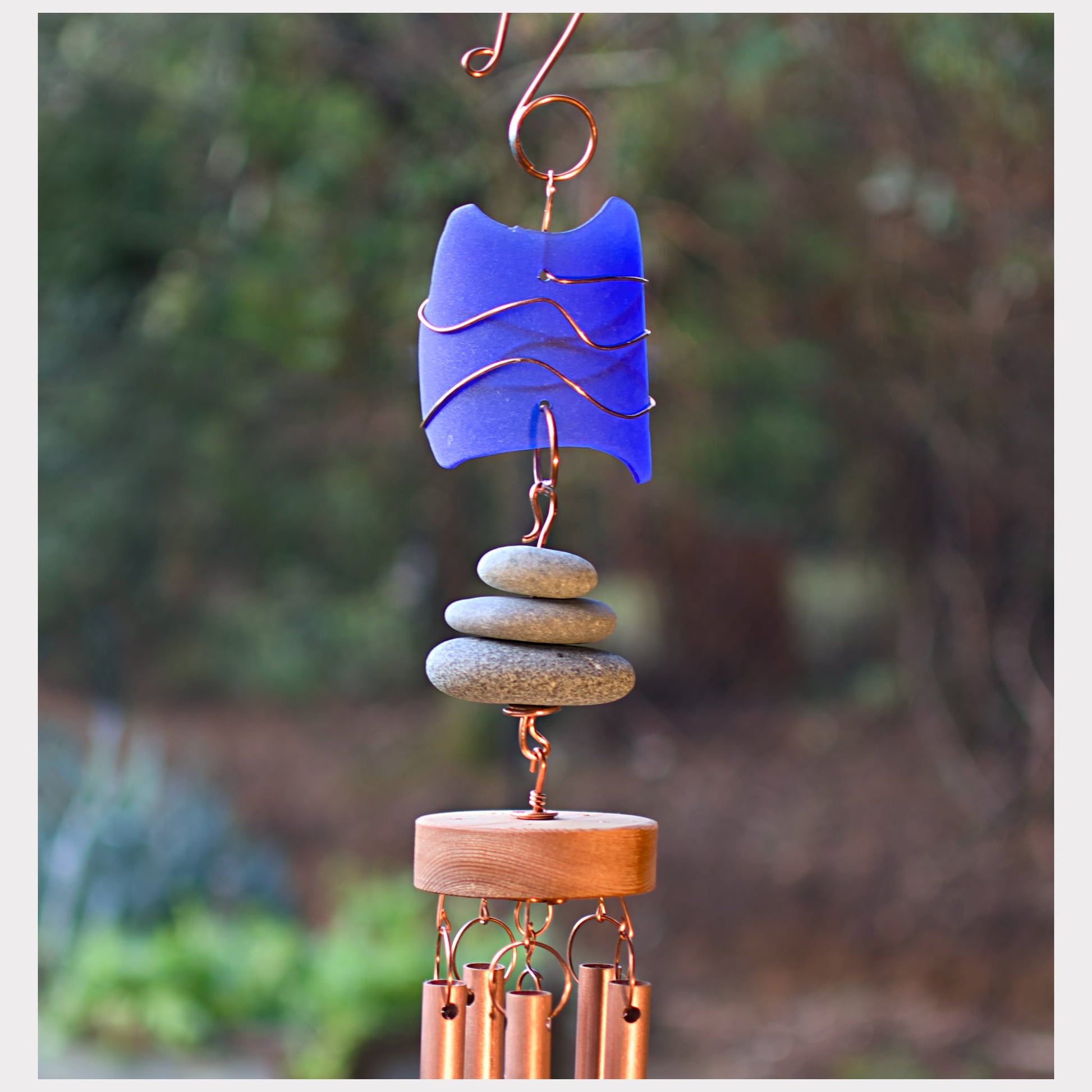 detail, beach glass and beach stone copper wind chime