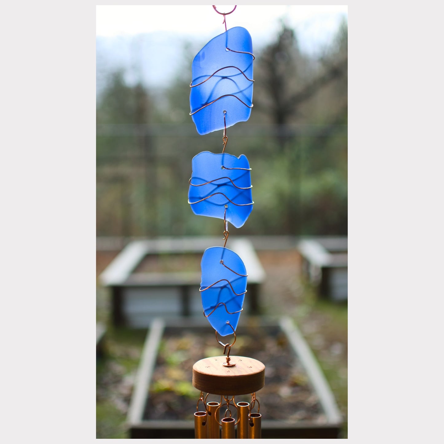 detail, cobalt blue beach glass wind chime