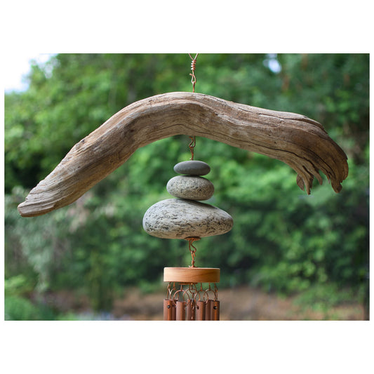 Detail, driftwood and beach stone wind chime.