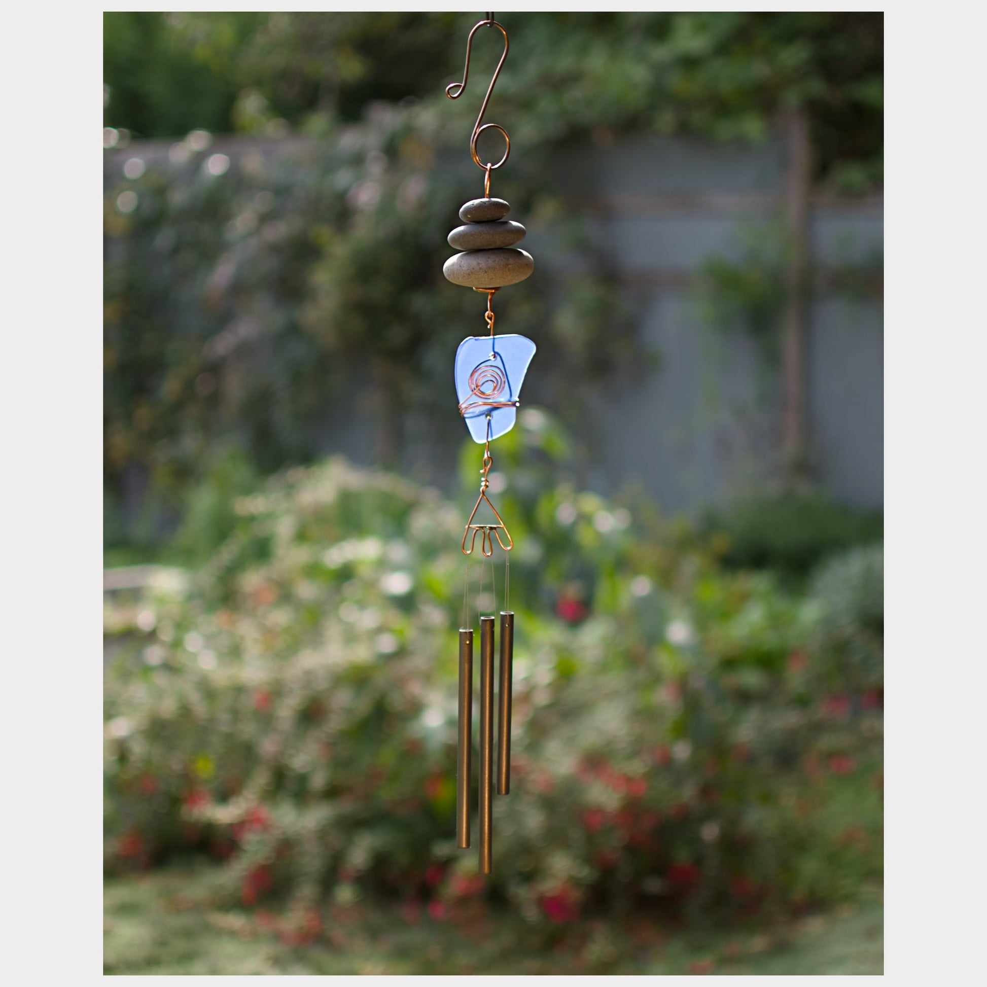 Zen beach stone and sea glass wind chime.