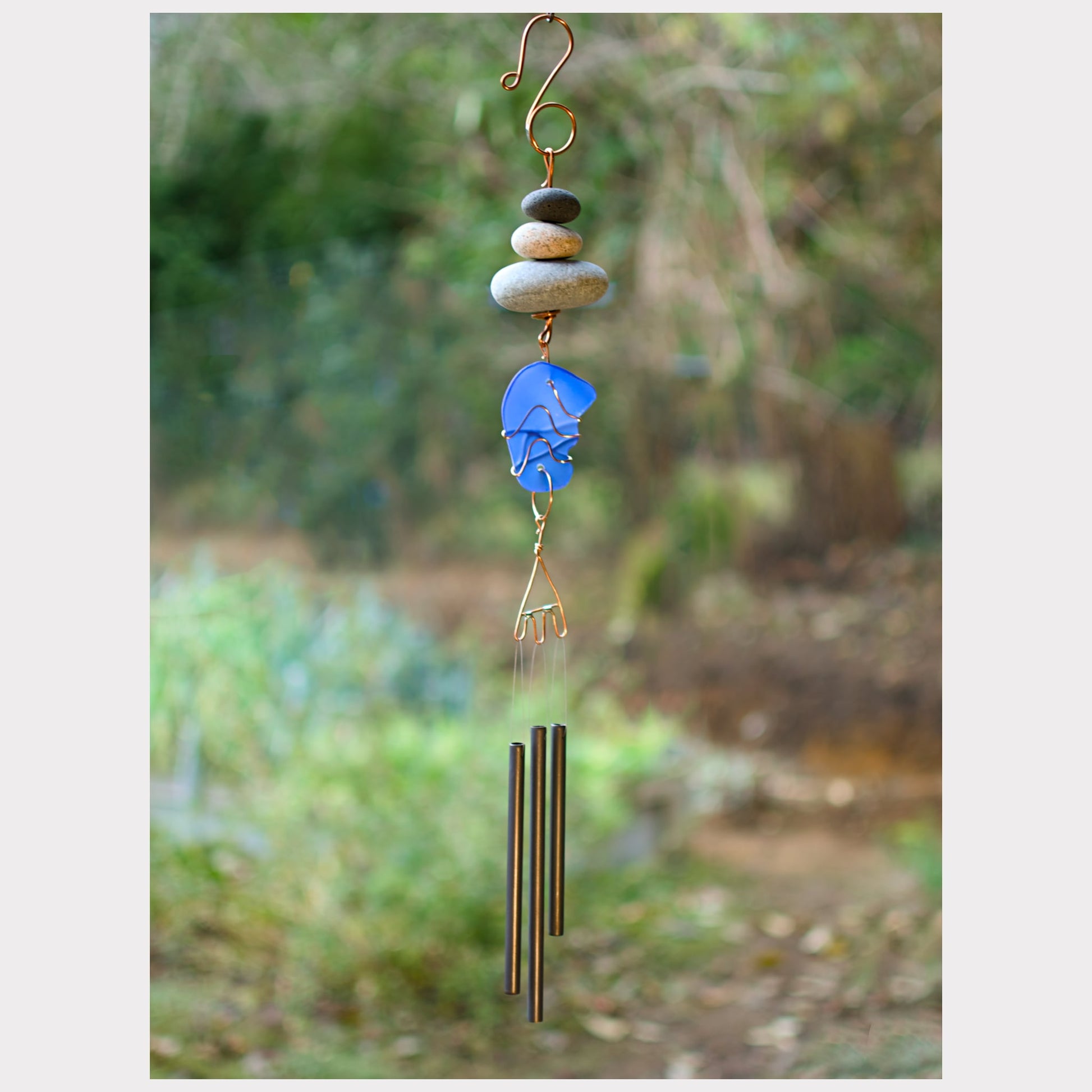 Zen beach stone and sea glass chime with three brass chimes, handcrafted.