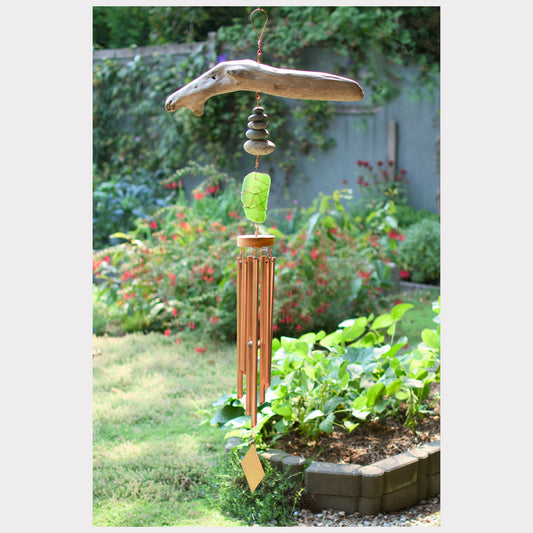 Large driftwood, beach stone, sea glass wind chime with 7 copper chimes.