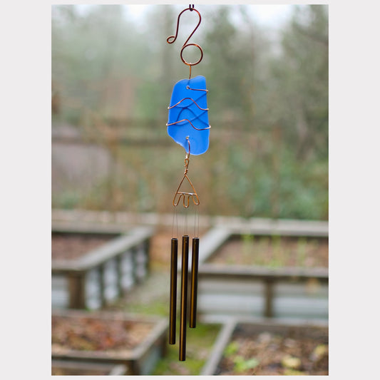 Handmade Sea Glass Art Wind Chime - Cobalt Blue - Outdoor Unique Garden Decor