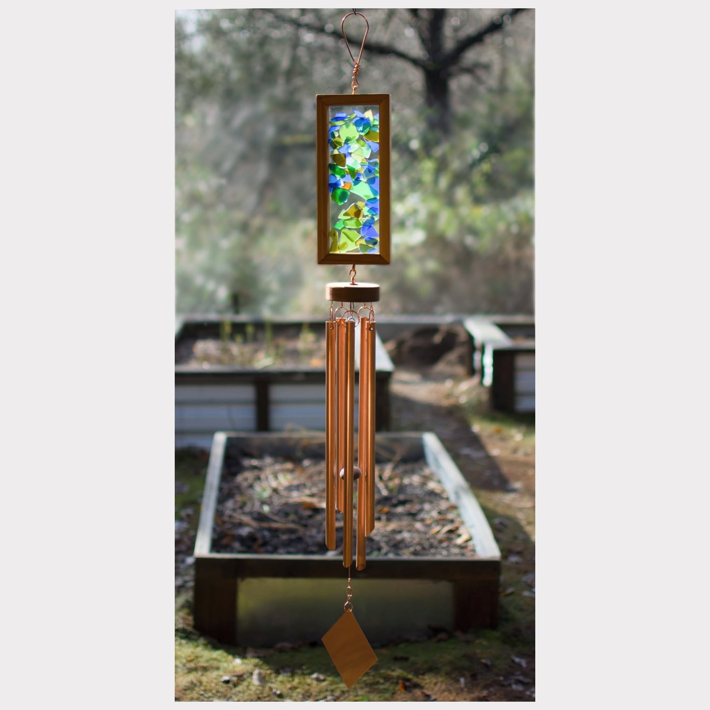 Kaleidoscope sea glass wind chime with five copper chimes.