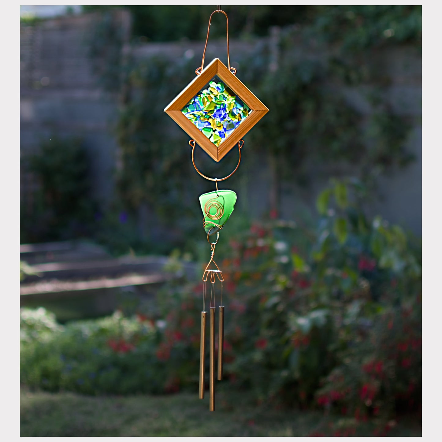 Artist-made sea glass wind chime, kaleidoscope, Coast Chimes.