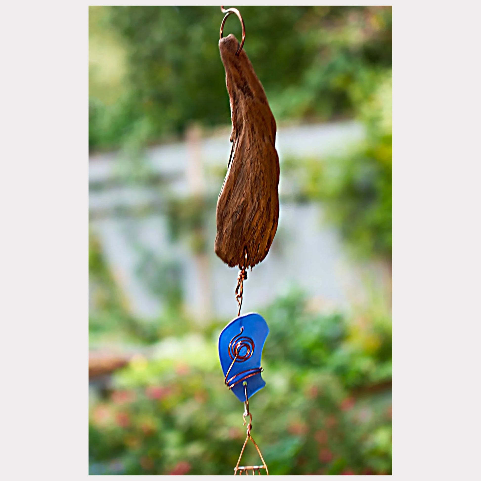 detail, driftwood sea glass chime