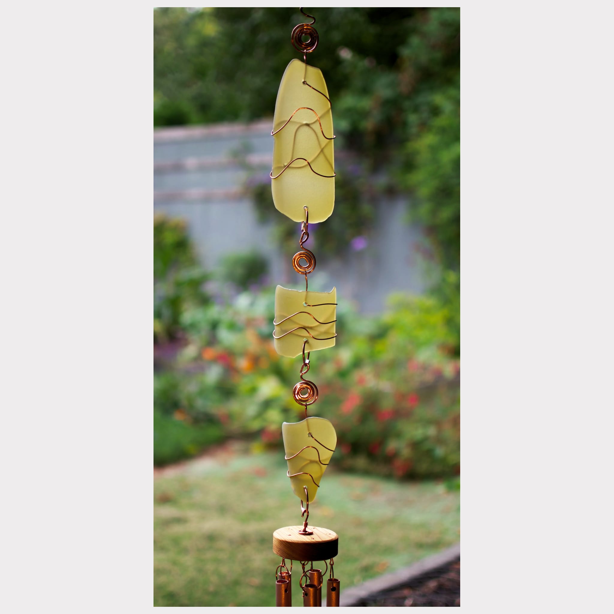 Wind chime tumbled outlet beach glass diamond shaped with etched copper hanger