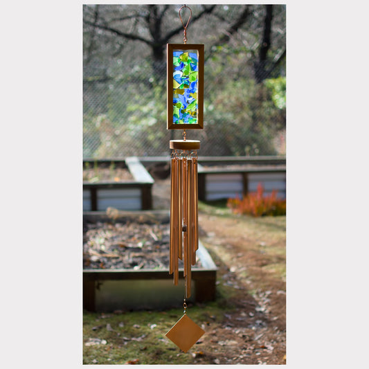 Kaleidoscope beach glass wind chime with seven copper chimes.