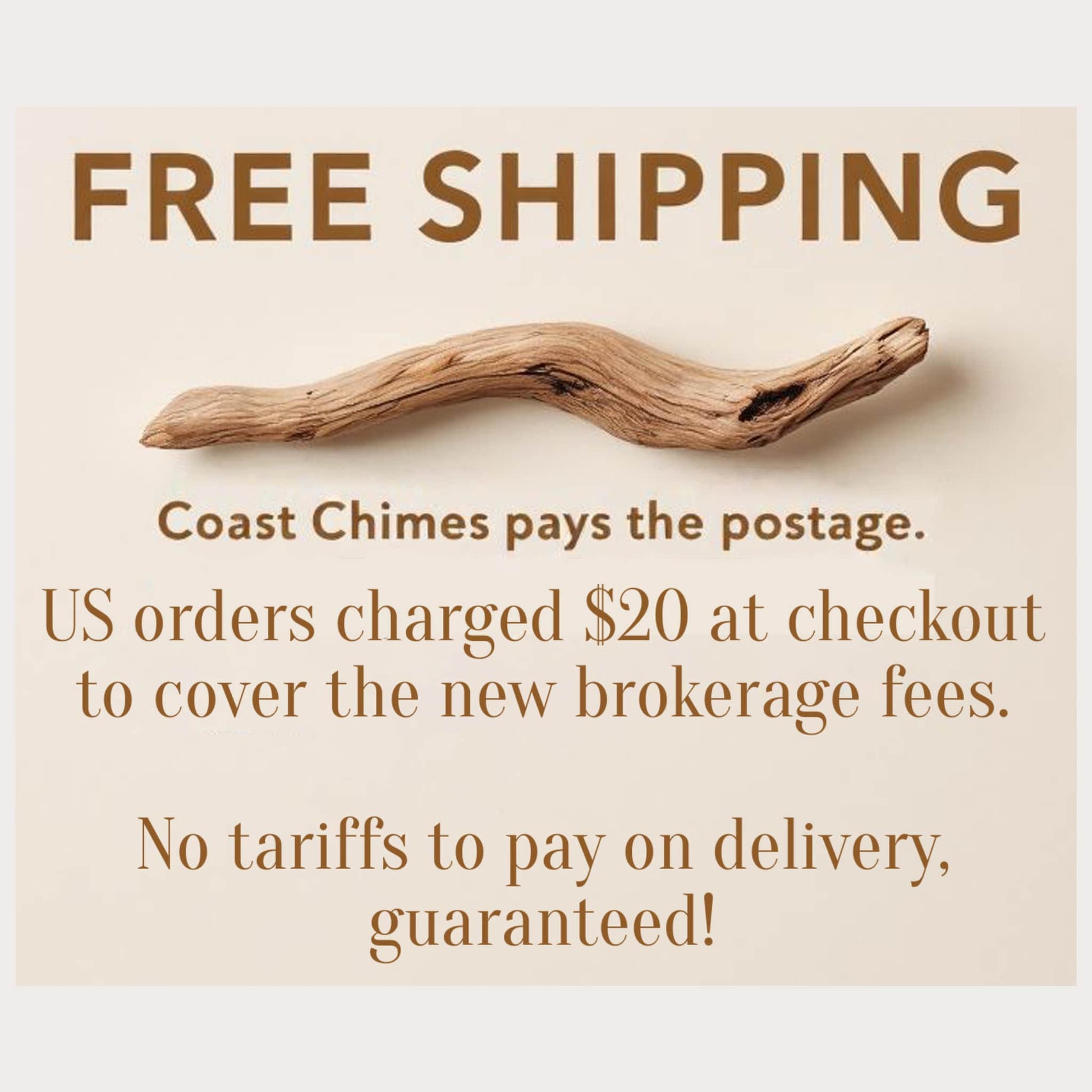 Wooden driftwood piece on a beige background with free shipping text.